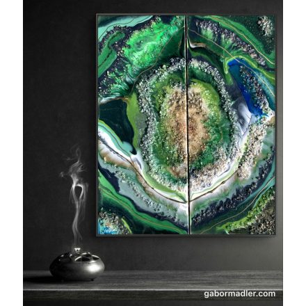  "Smaragd geode" 40cm X 50cm akril, epoxy texturált kép     (kézzel készített, kézműves, egyedi, modern, festmény, absztrakt, falikép, kortárs, dekoráció)